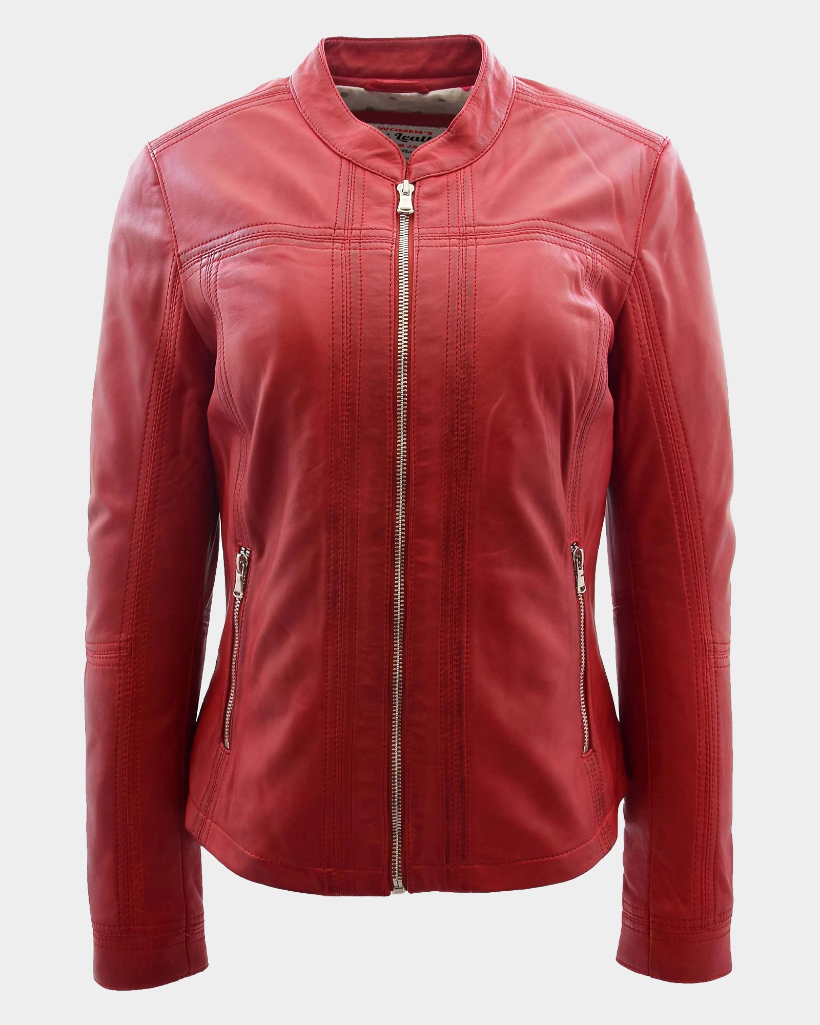Womens Leather Collarless Jacket with Quilt Design Joan Ignite Red