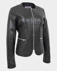 Womens Leather Collarless Jacket with Quilt Design Joan Nova Black