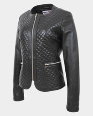Womens Leather Collarless Jacket with Quilt Design Joan Nova Black