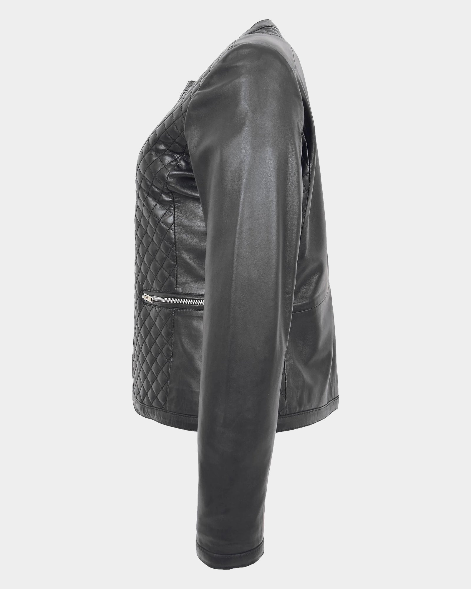 Womens Leather Collarless Jacket with Quilt Design Joan Nova Black