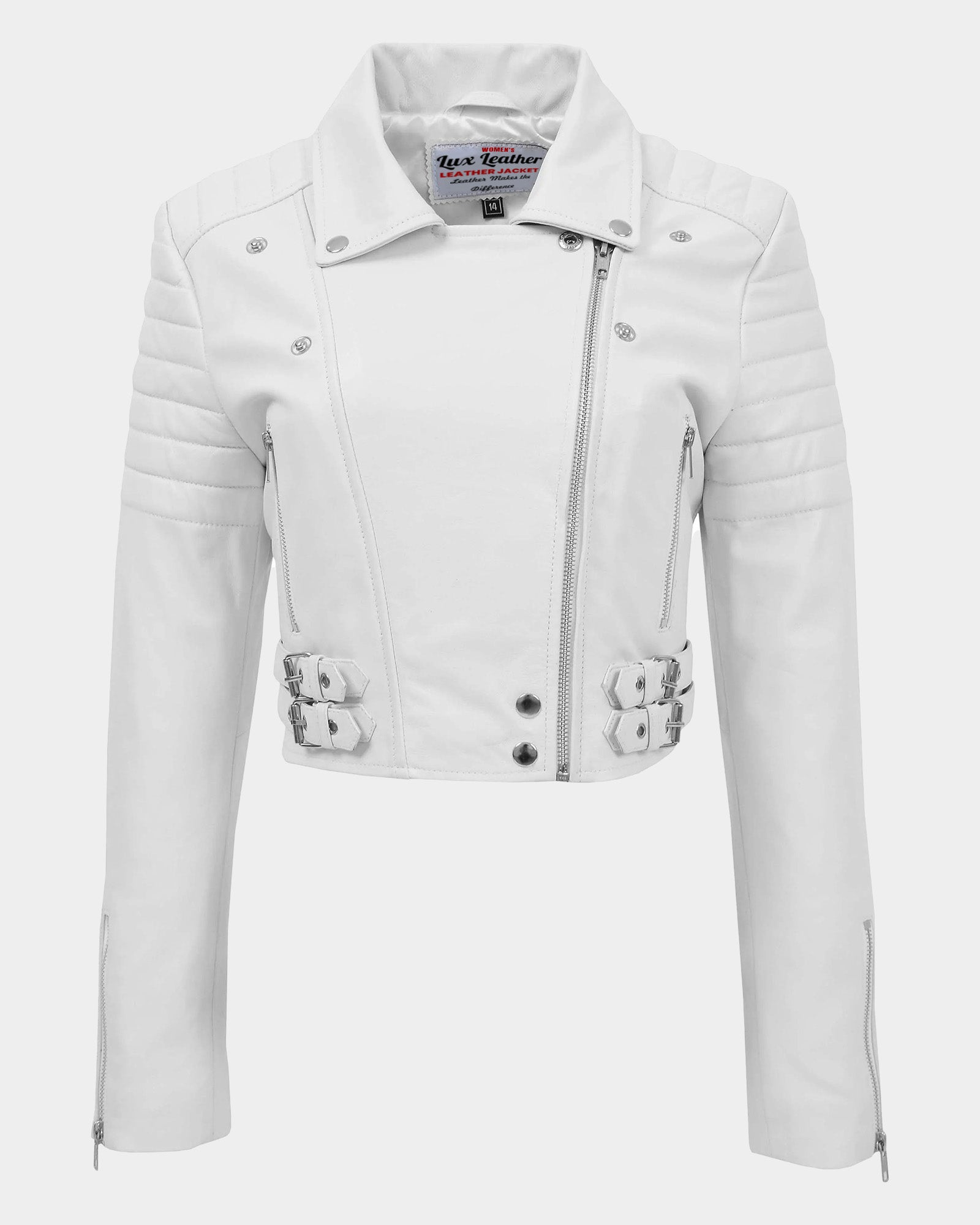 Womens Leather Cropped Biker Style Jacket Demi Astral White