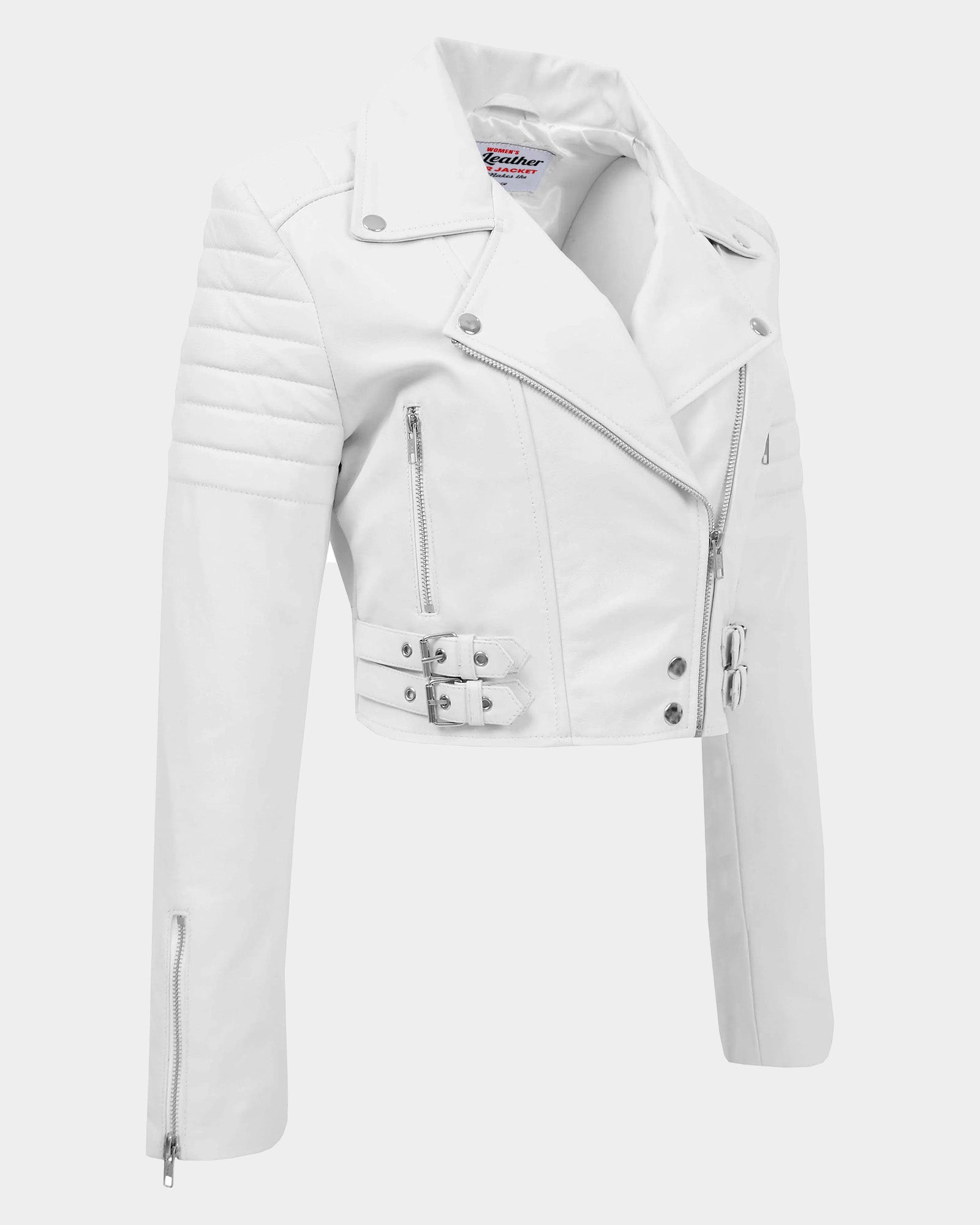 Womens Leather Cropped Biker Style Jacket Demi Astral White