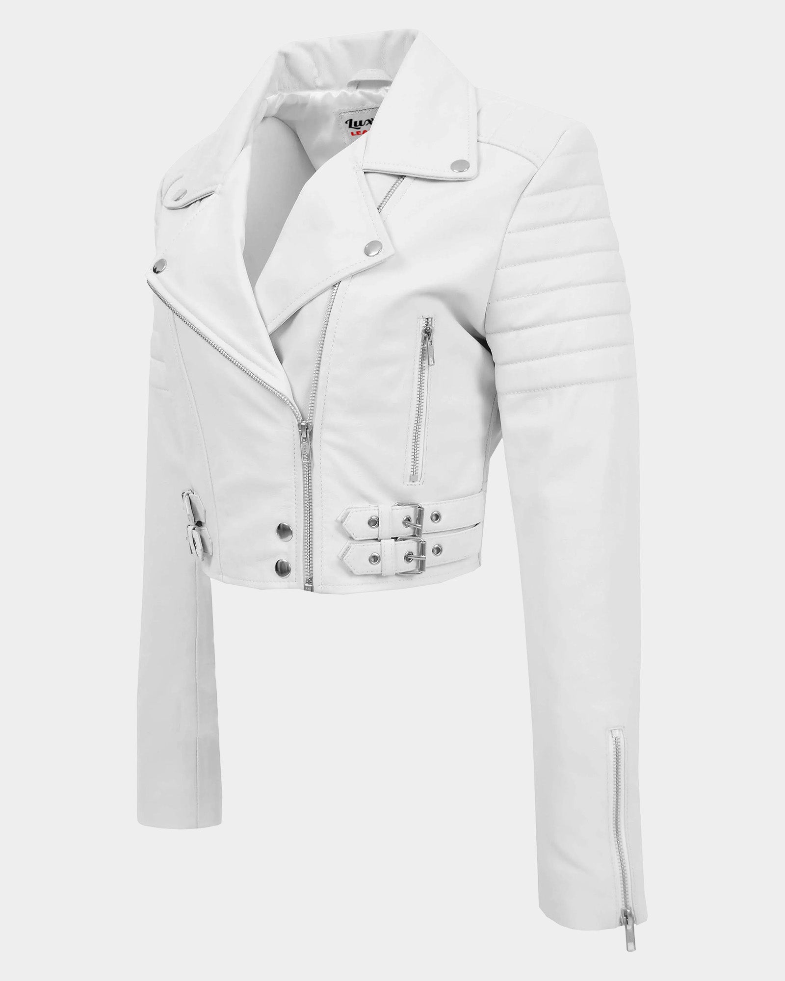 Womens Leather Cropped Biker Style Jacket Demi Astral White