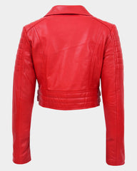 Womens Leather Cropped Biker Style Jacket Demi Ignite Red