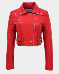 Womens Leather Cropped Biker Style Jacket Demi Ignite Red