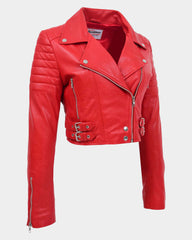 Womens Leather Cropped Biker Style Jacket Demi Ignite Red
