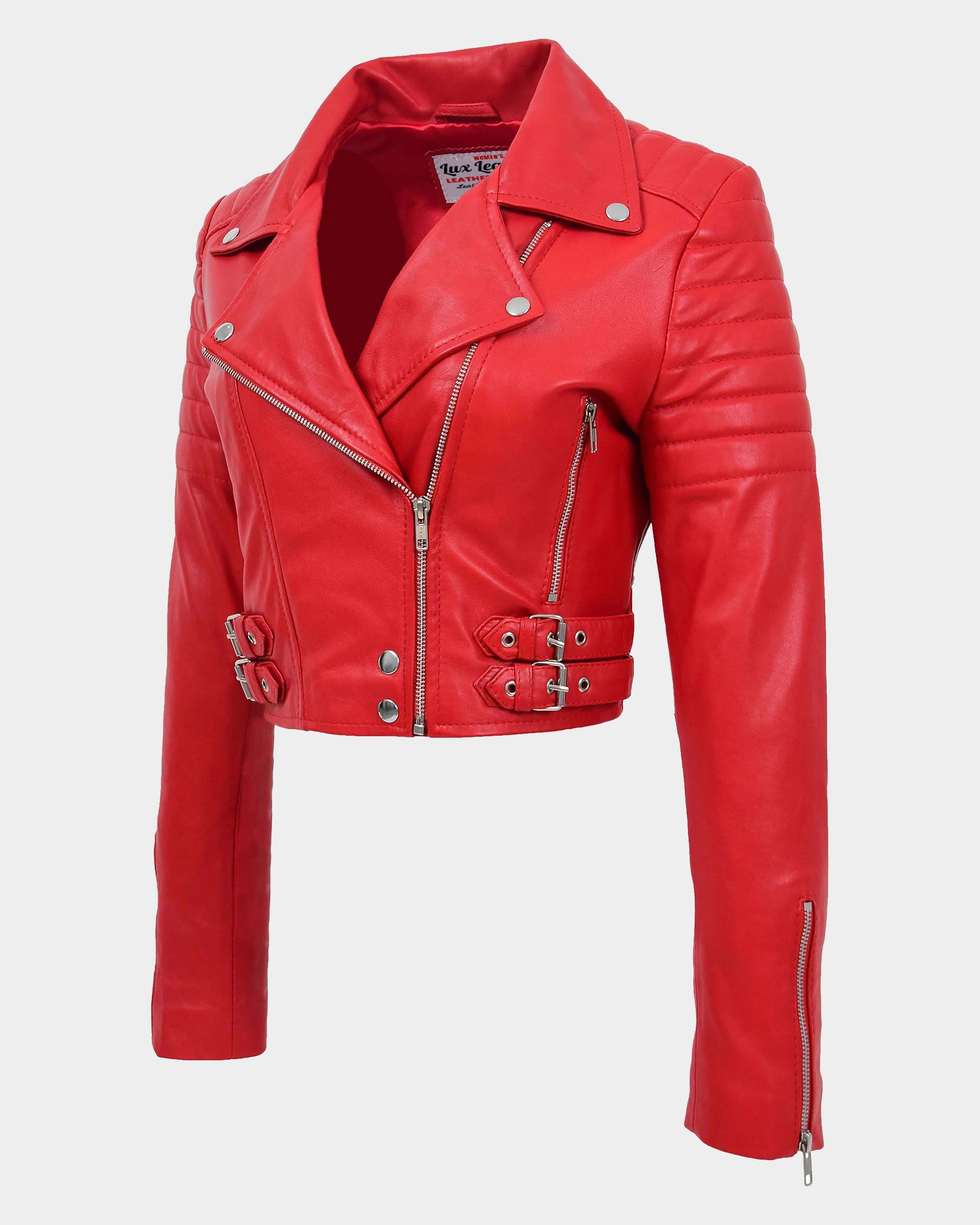Womens Leather Cropped Biker Style Jacket Demi Ignite Red