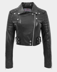 Womens Leather Cropped Biker Style Jacket Demi Nova Black