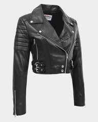 Womens Leather Cropped Biker Style Jacket Demi Nova Black
