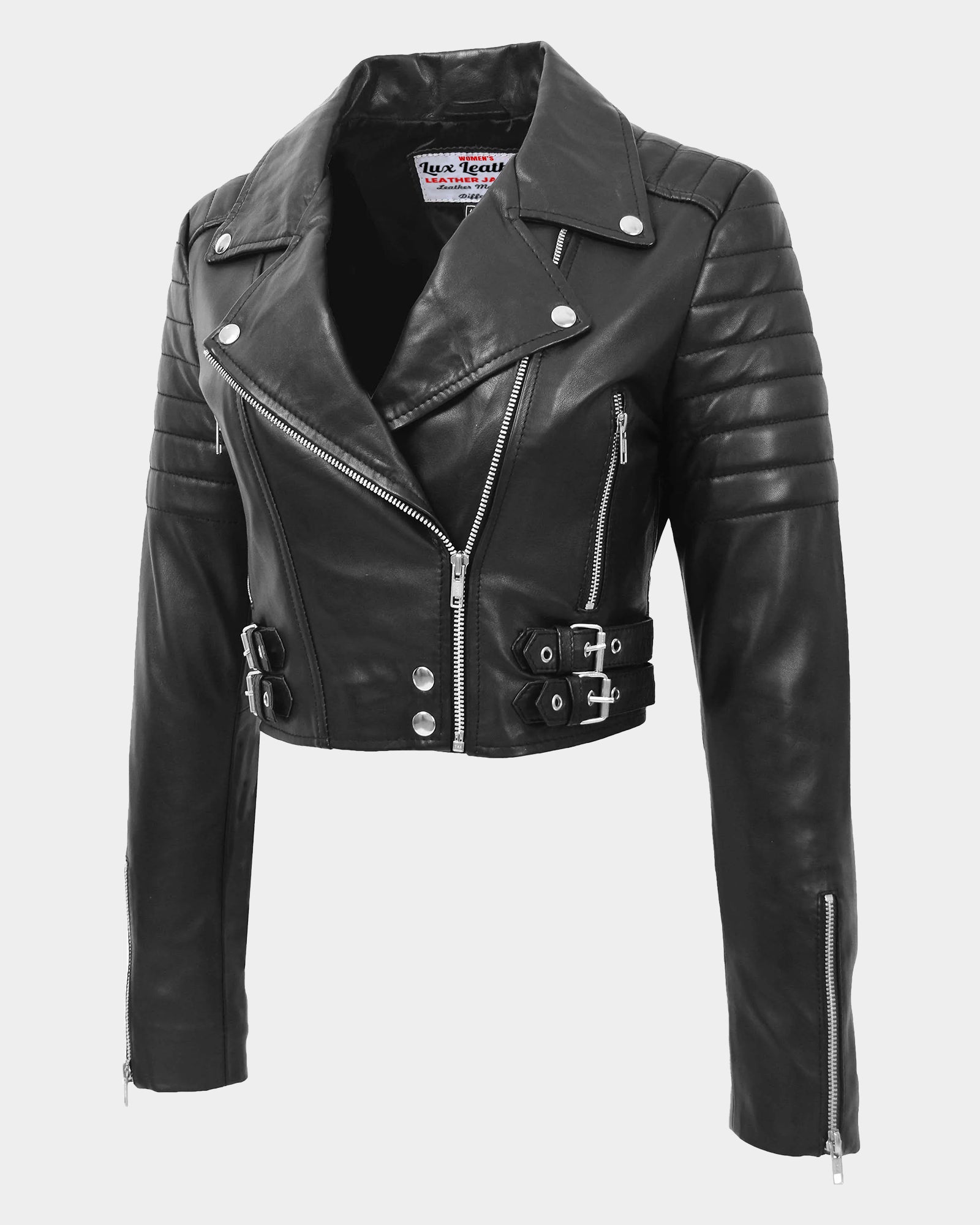 Womens Leather Cropped Biker Style Jacket Demi Nova Black