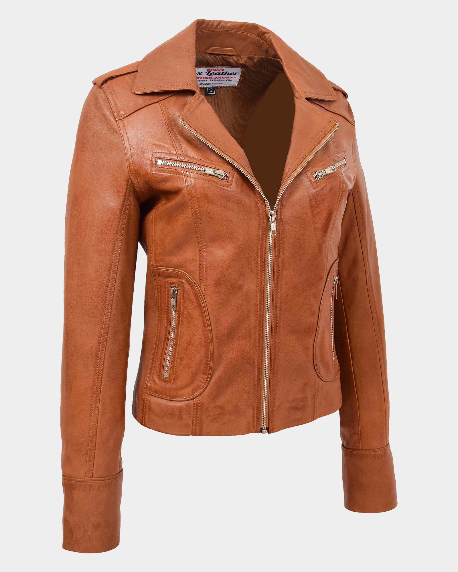 Womens Leather Fitted Biker Style Jacket Kim Dynamo Tan