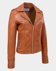 Womens Leather Fitted Biker Style Jacket Kim Dynamo Tan
