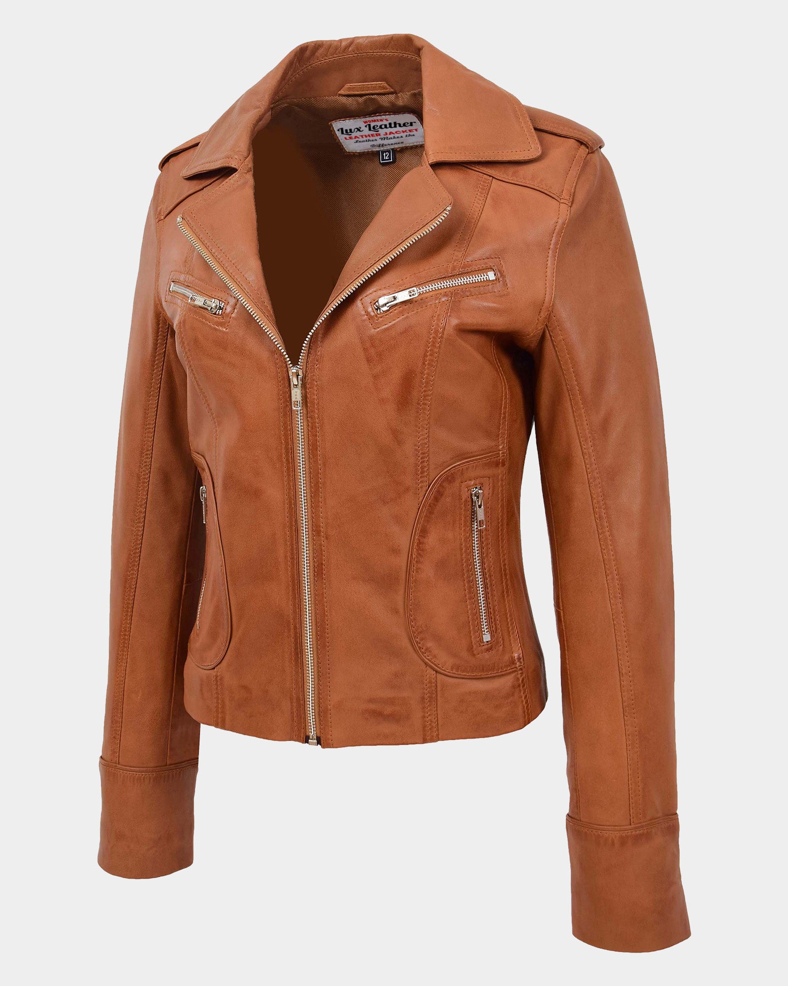 Womens Leather Fitted Biker Style Jacket Kim Dynamo Tan