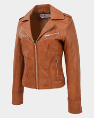 Womens Leather Fitted Biker Style Jacket Kim Dynamo Tan
