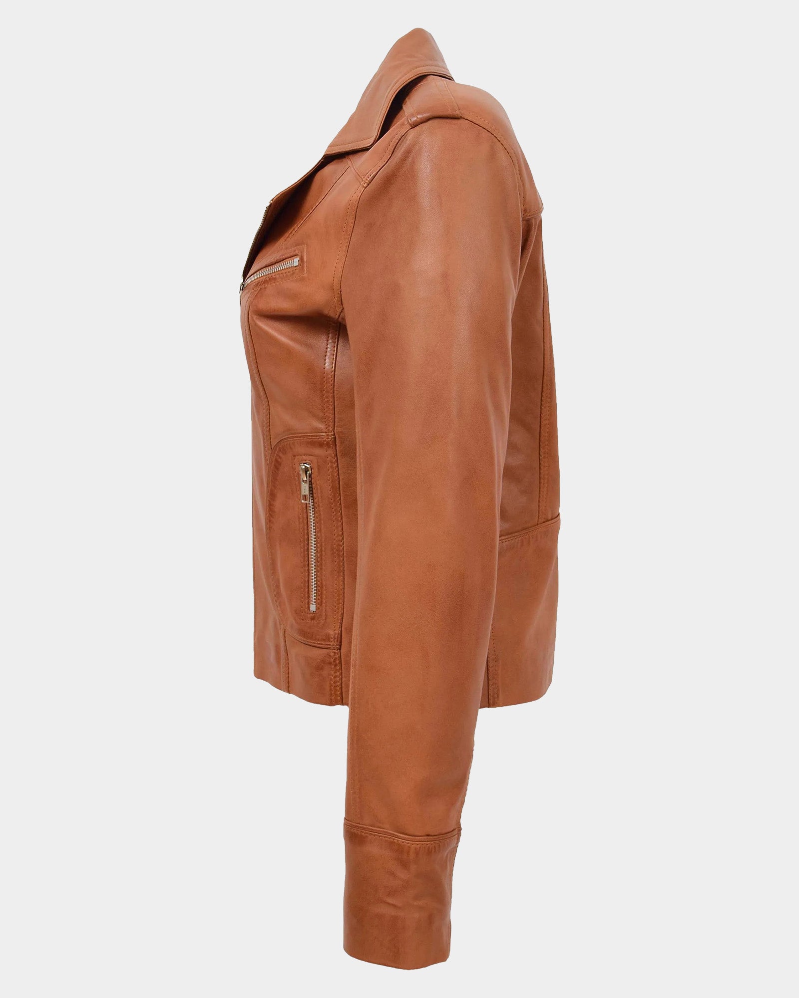 Womens Leather Fitted Biker Style Jacket Kim Dynamo Tan