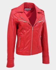 Womens Leather Fitted Biker Style Jacket Kim Ignite Red