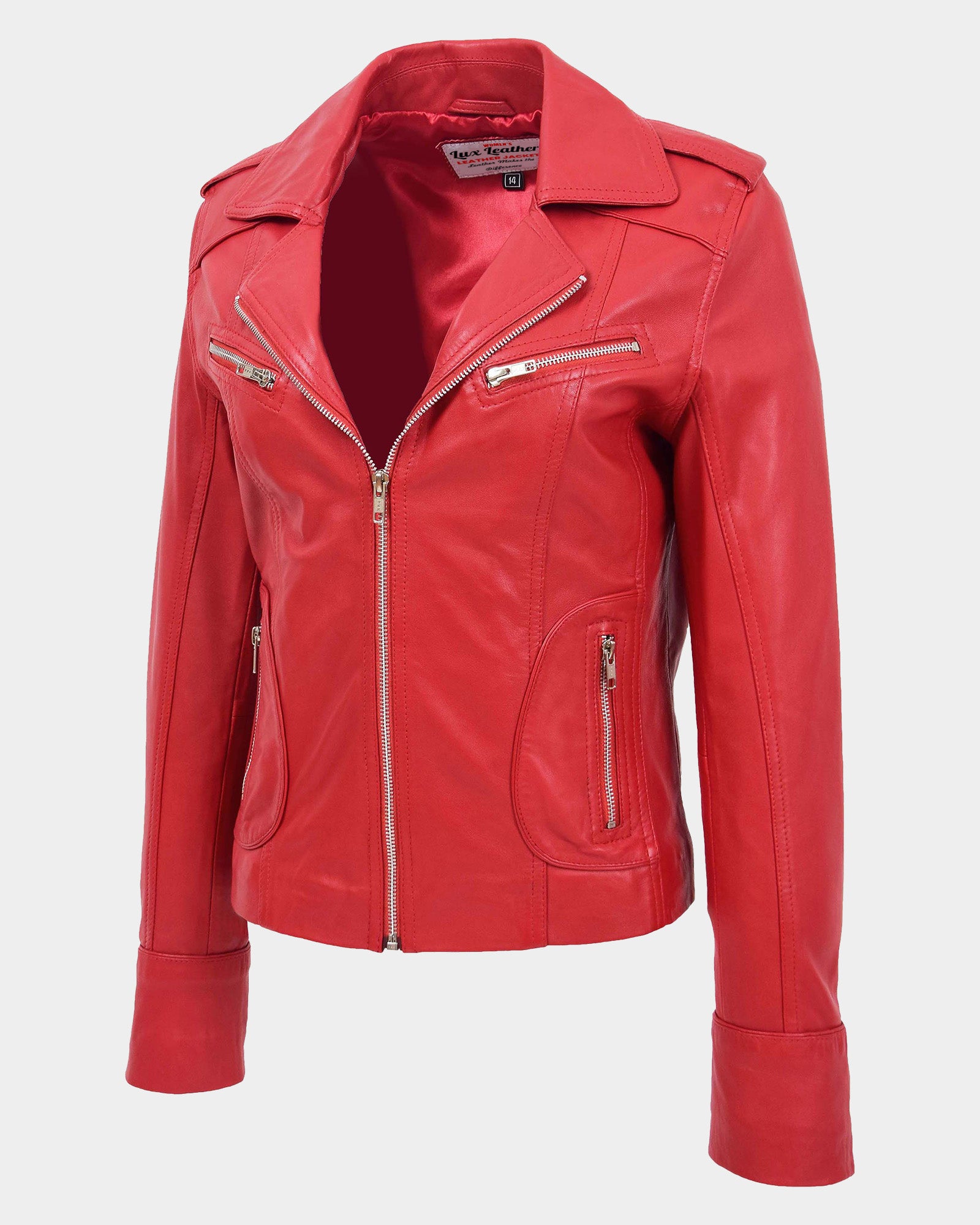 Womens Leather Fitted Biker Style Jacket Kim Ignite Red