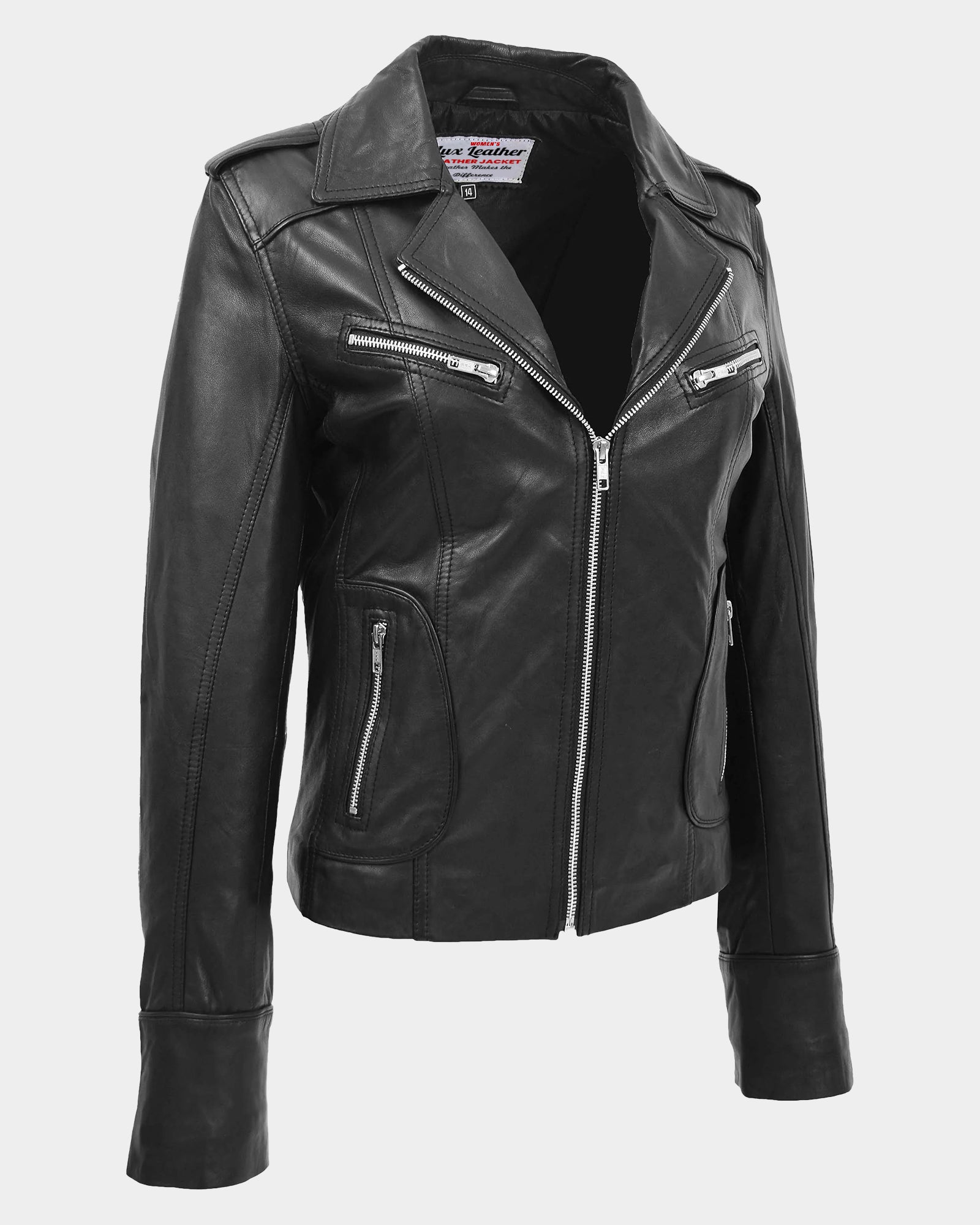Womens Leather Fitted Biker Style Jacket Kim Nova Black