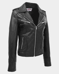 Womens Leather Fitted Biker Style Jacket Kim Nova Black