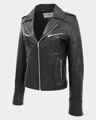 Womens Leather Fitted Biker Style Jacket Kim Nova Black