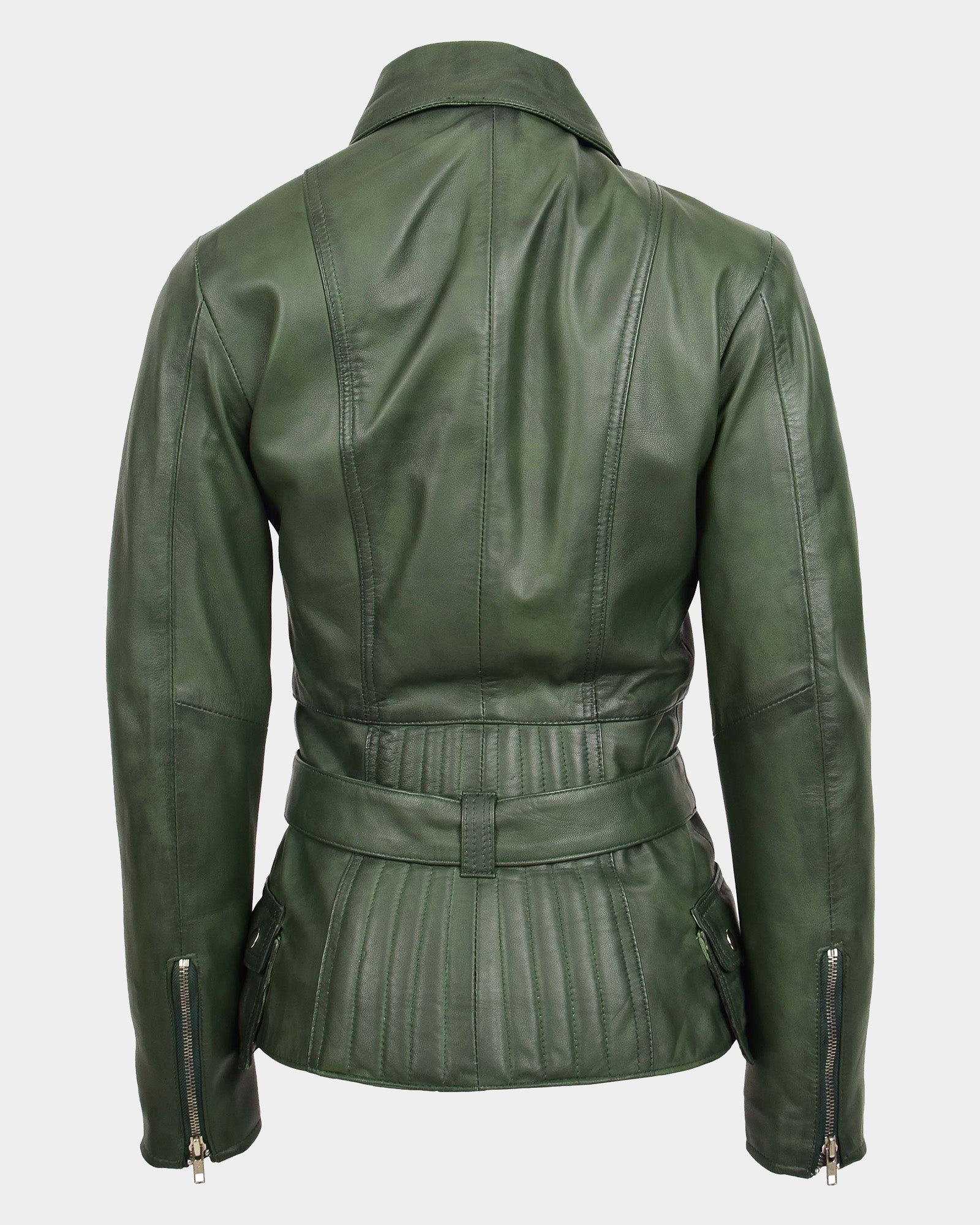 Womens Leather Hip Length Biker Jacket Celia Aurora Green