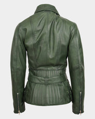 Womens Leather Hip Length Biker Jacket Celia Aurora Green