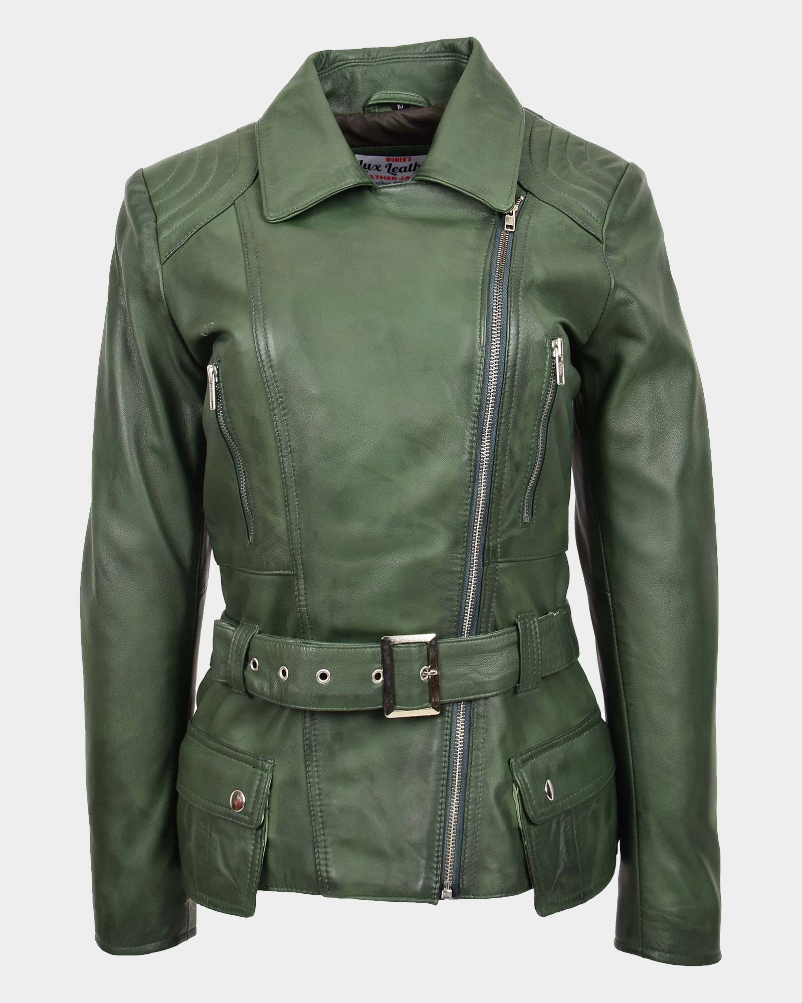 Womens Leather Hip Length Biker Jacket Celia Aurora Green