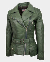 Womens Leather Hip Length Biker Jacket Celia Aurora Green