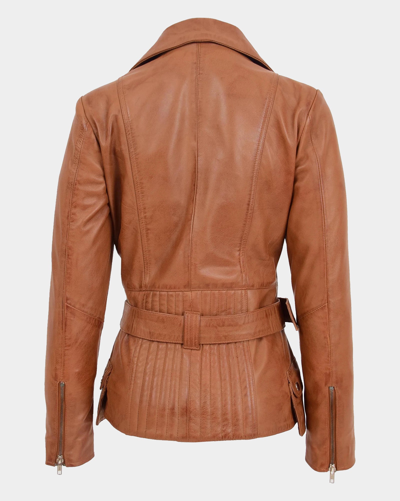 Womens Leather Hip Length Biker Jacket Celia Dynamo Tan