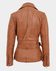 Womens Leather Hip Length Biker Jacket Celia Dynamo Tan