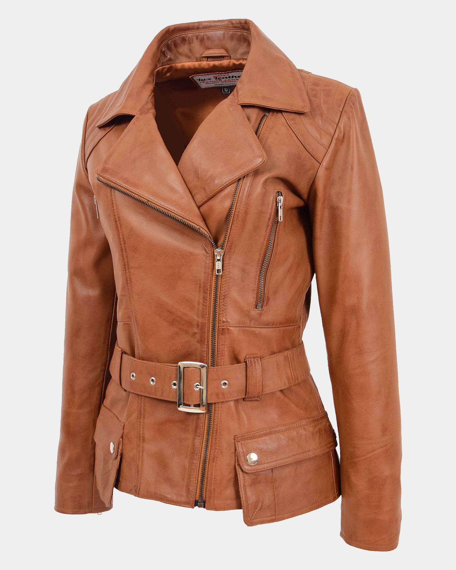 Womens Leather Hip Length Biker Jacket Celia Dynamo Tan