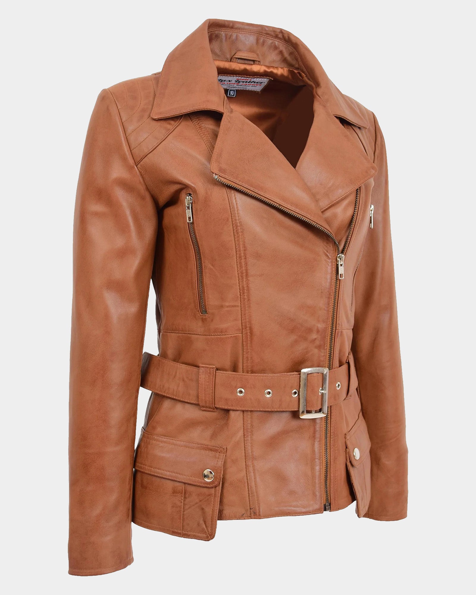 Womens Leather Hip Length Biker Jacket Celia Dynamo Tan