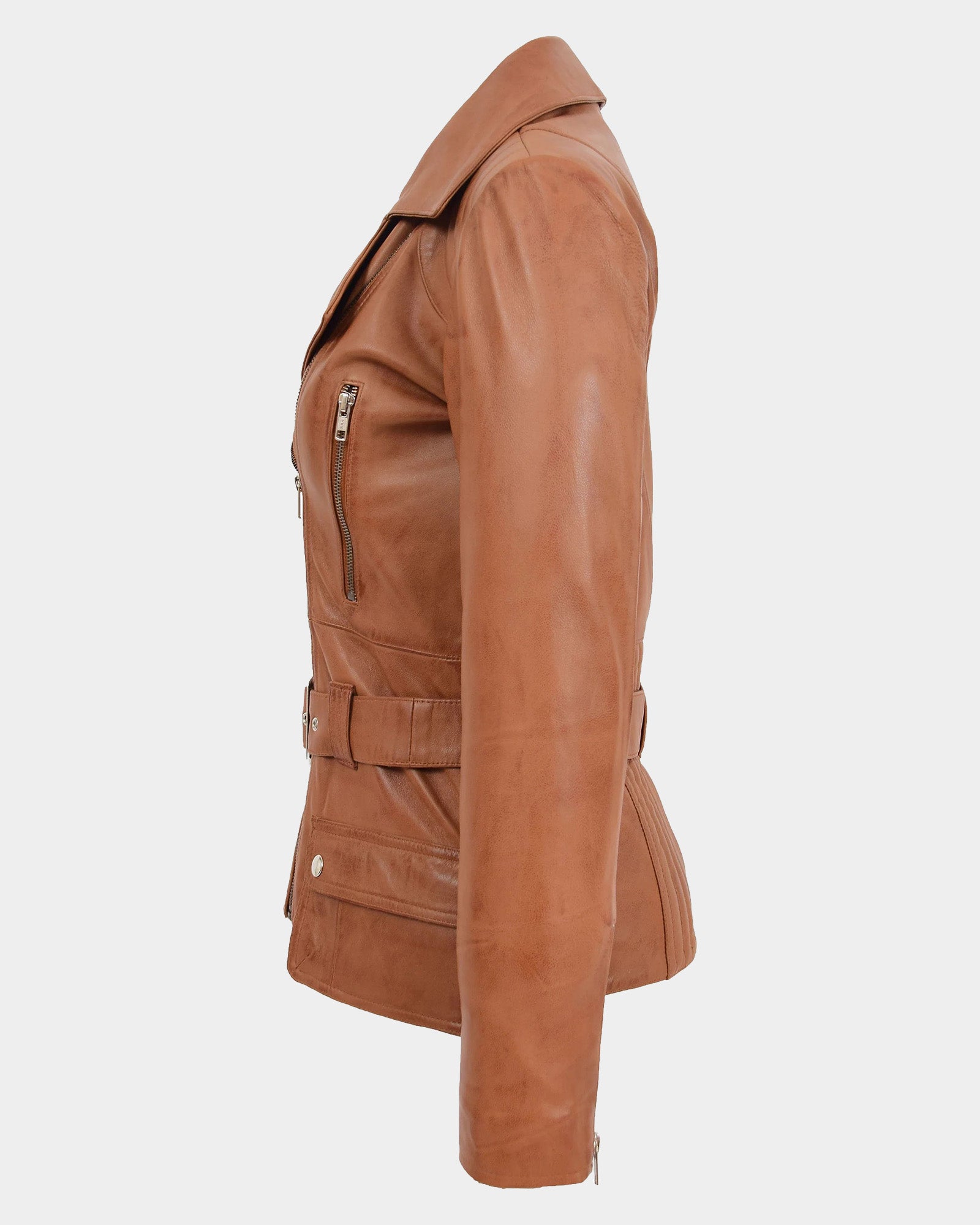 Womens Leather Hip Length Biker Jacket Celia Dynamo Tan