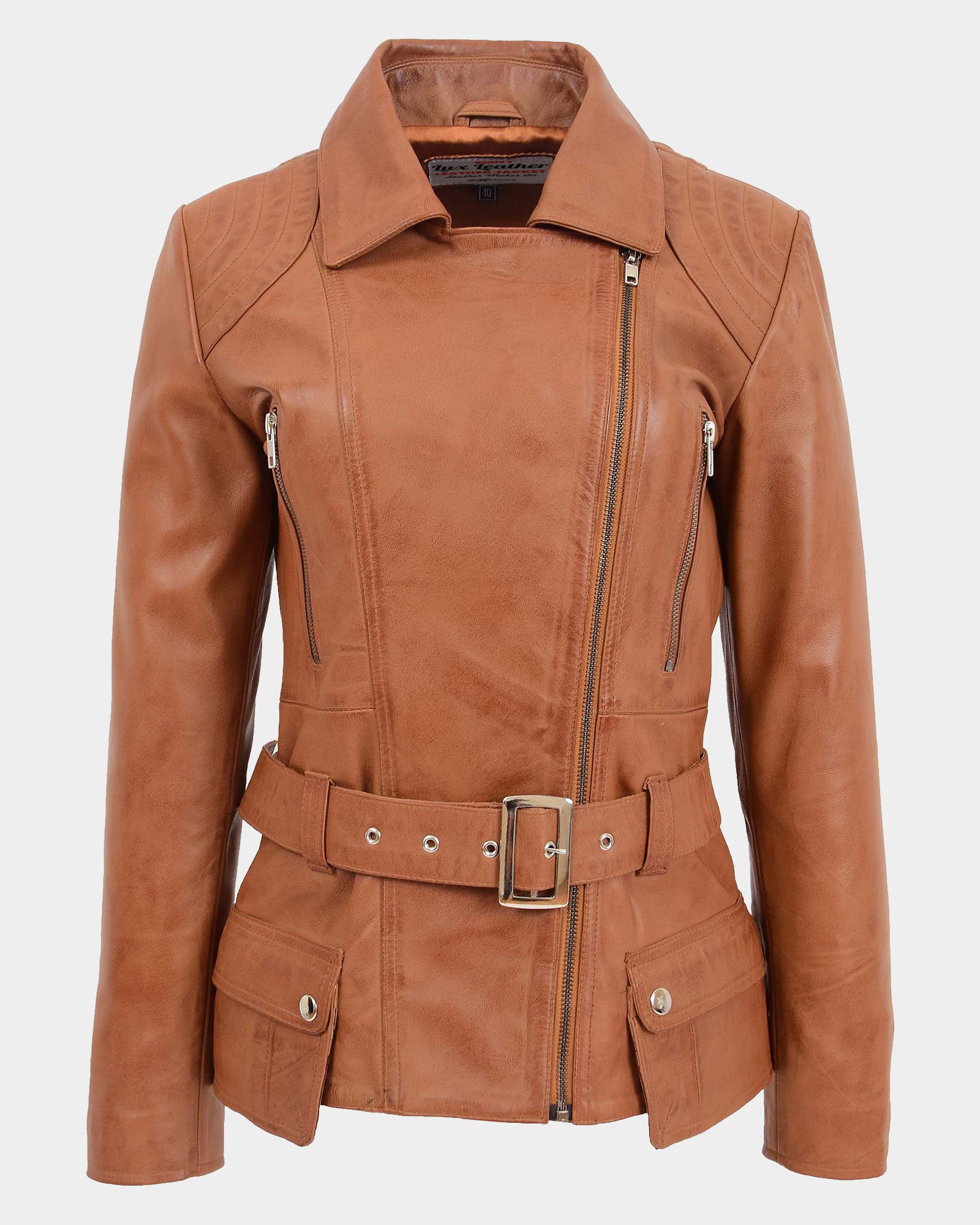 Womens Leather Hip Length Biker Jacket Celia Dynamo Tan