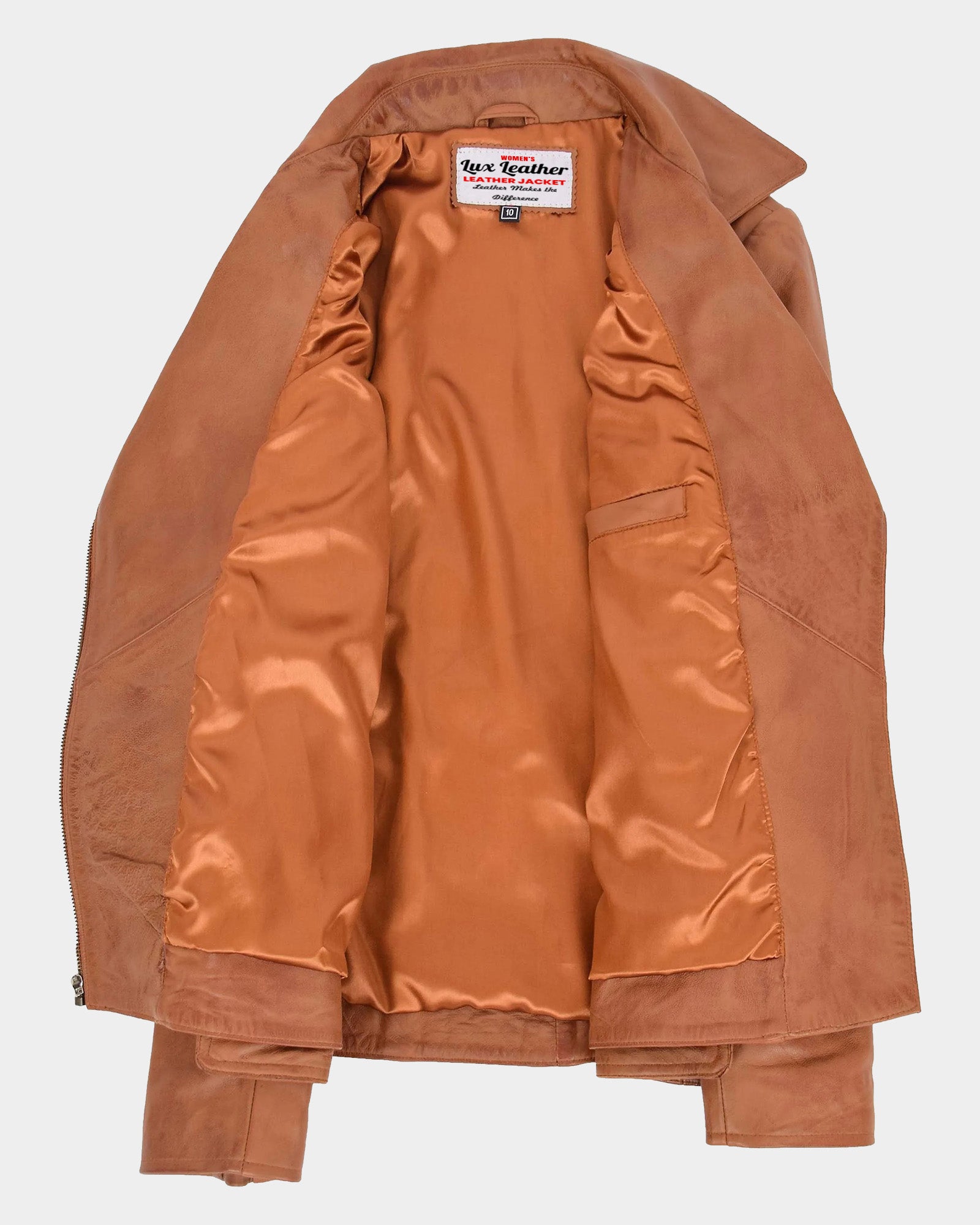 Womens Leather Hip Length Biker Jacket Celia Dynamo Tan