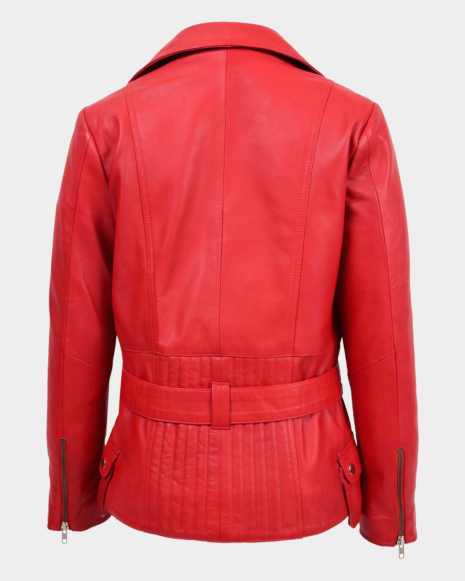 Womens Leather Hip Length Biker Jacket Celia Ignite Red