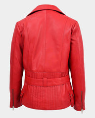Womens Leather Hip Length Biker Jacket Celia Ignite Red