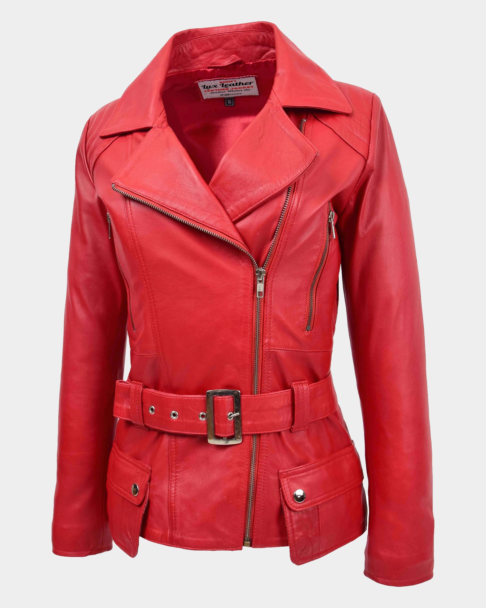 Womens Leather Hip Length Biker Jacket Celia Ignite Red