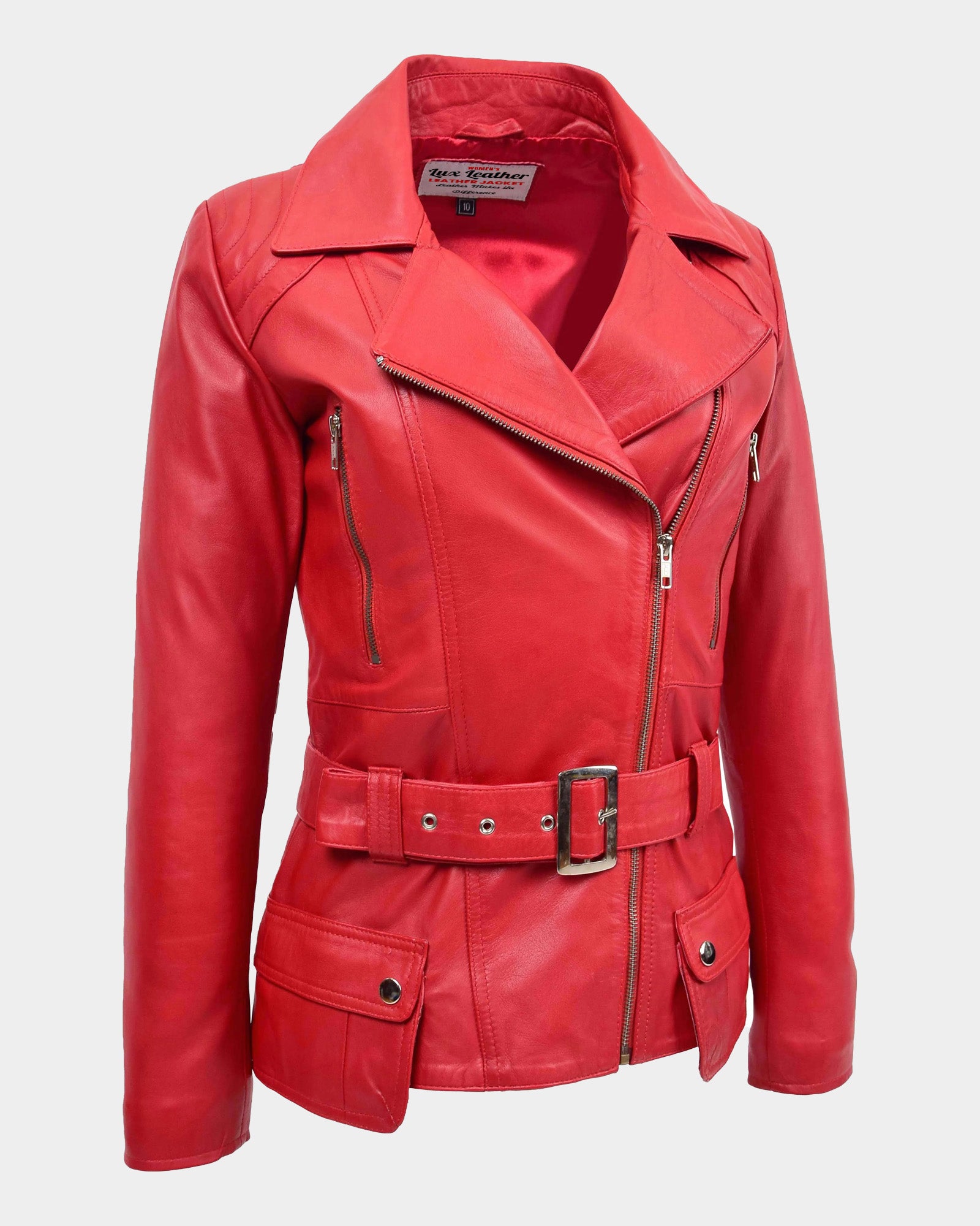 Womens Leather Hip Length Biker Jacket Celia Ignite Red