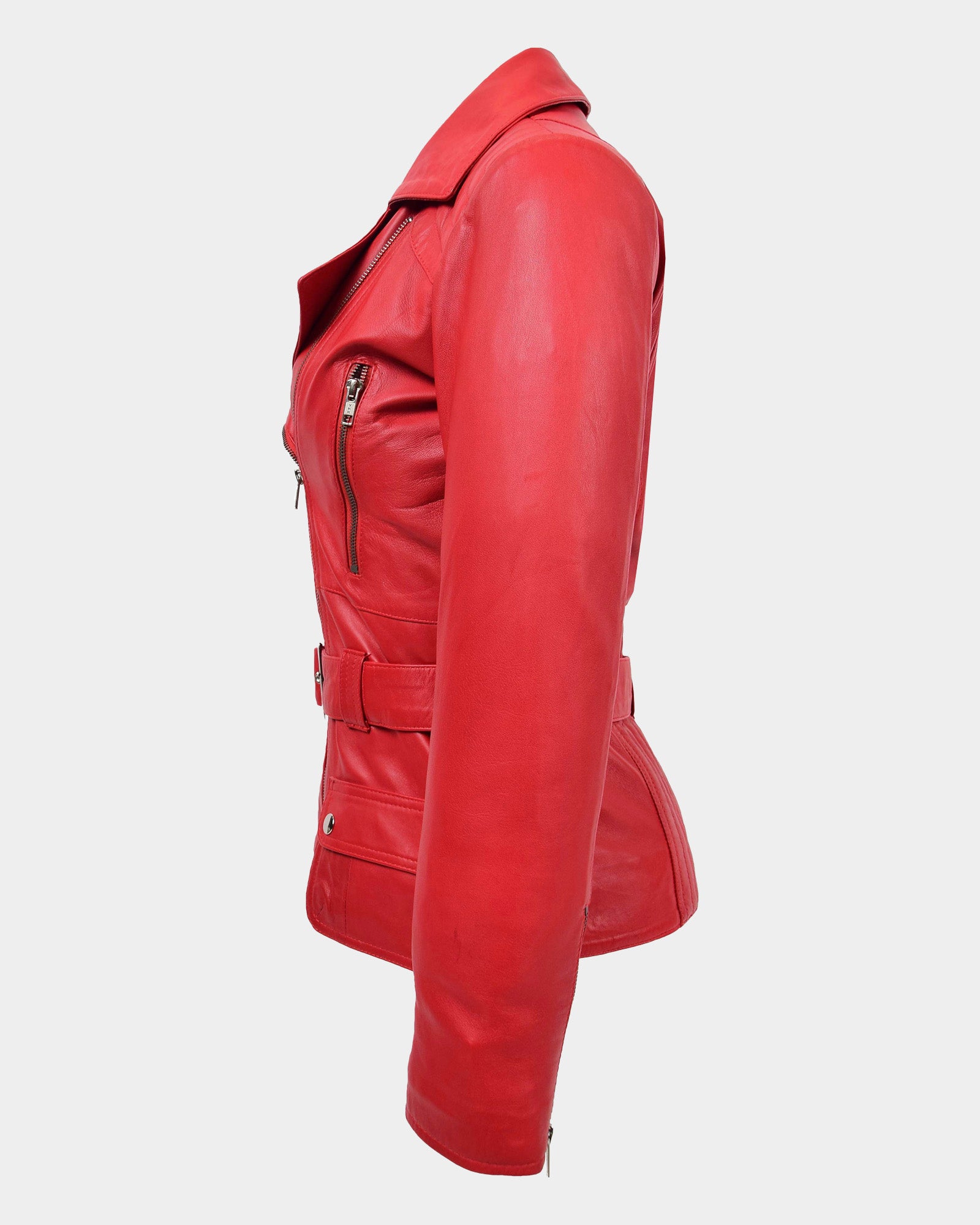 Womens Leather Hip Length Biker Jacket Celia Ignite Red