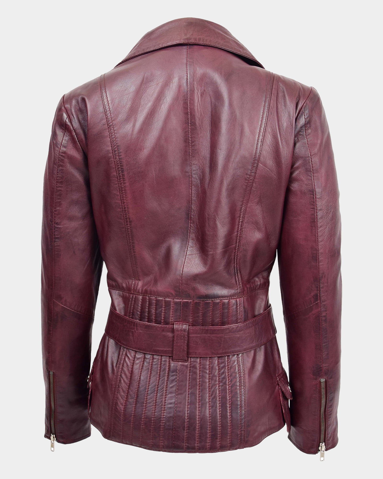 Womens Leather Hip Length Biker Jacket Celia Infinite Burgundy