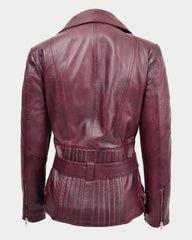 Womens Leather Hip Length Biker Jacket Celia Infinite Burgundy