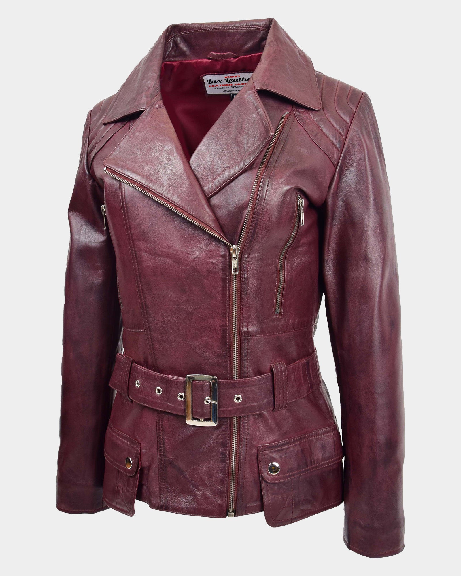 Womens Leather Hip Length Biker Jacket Celia Infinite Burgundy