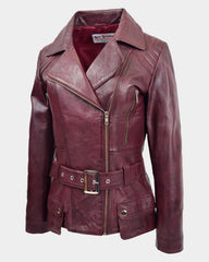 Womens Leather Hip Length Biker Jacket Celia Infinite Burgundy