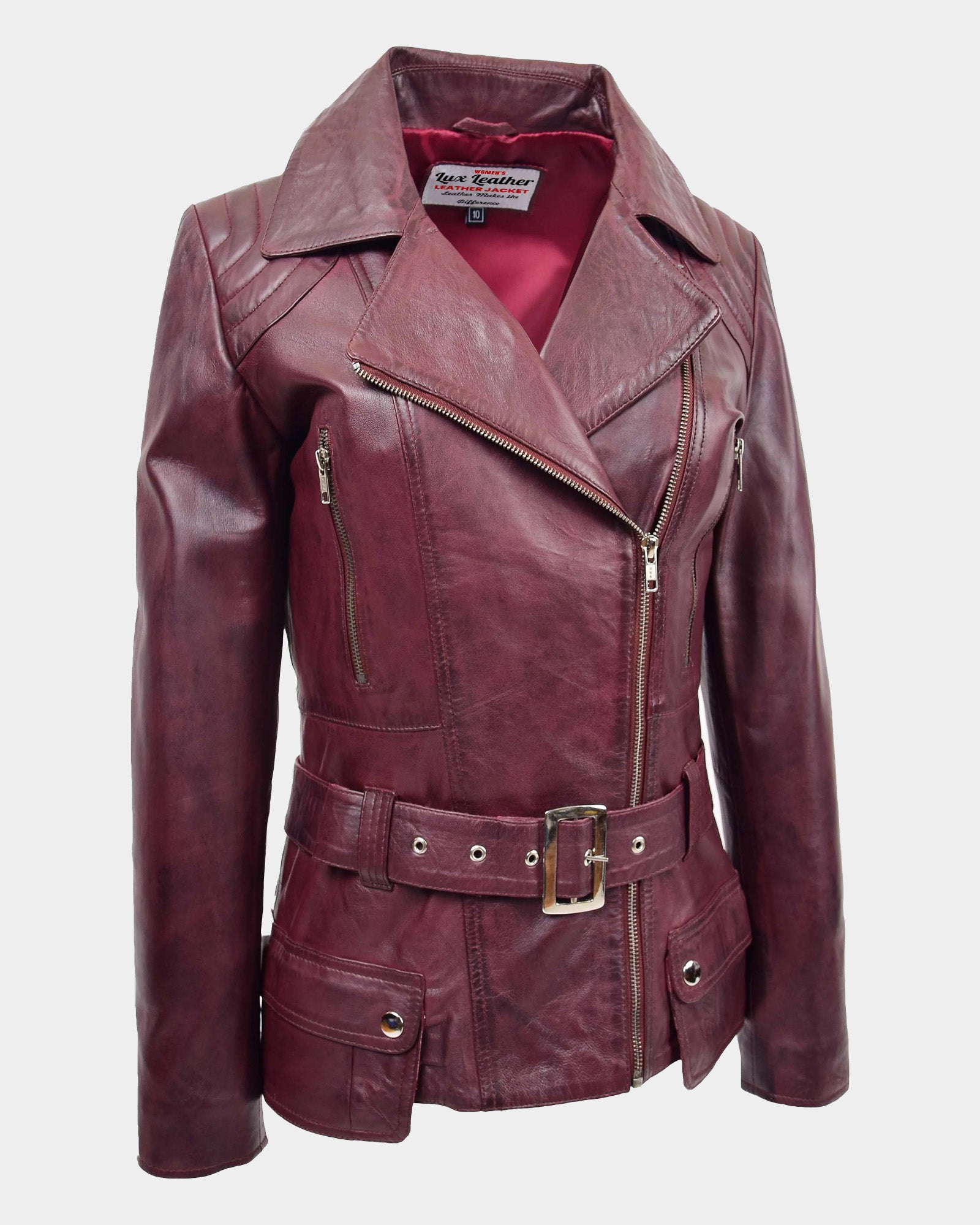 Womens Leather Hip Length Biker Jacket Celia Infinite Burgundy