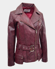 Womens Leather Hip Length Biker Jacket Celia Infinite Burgundy