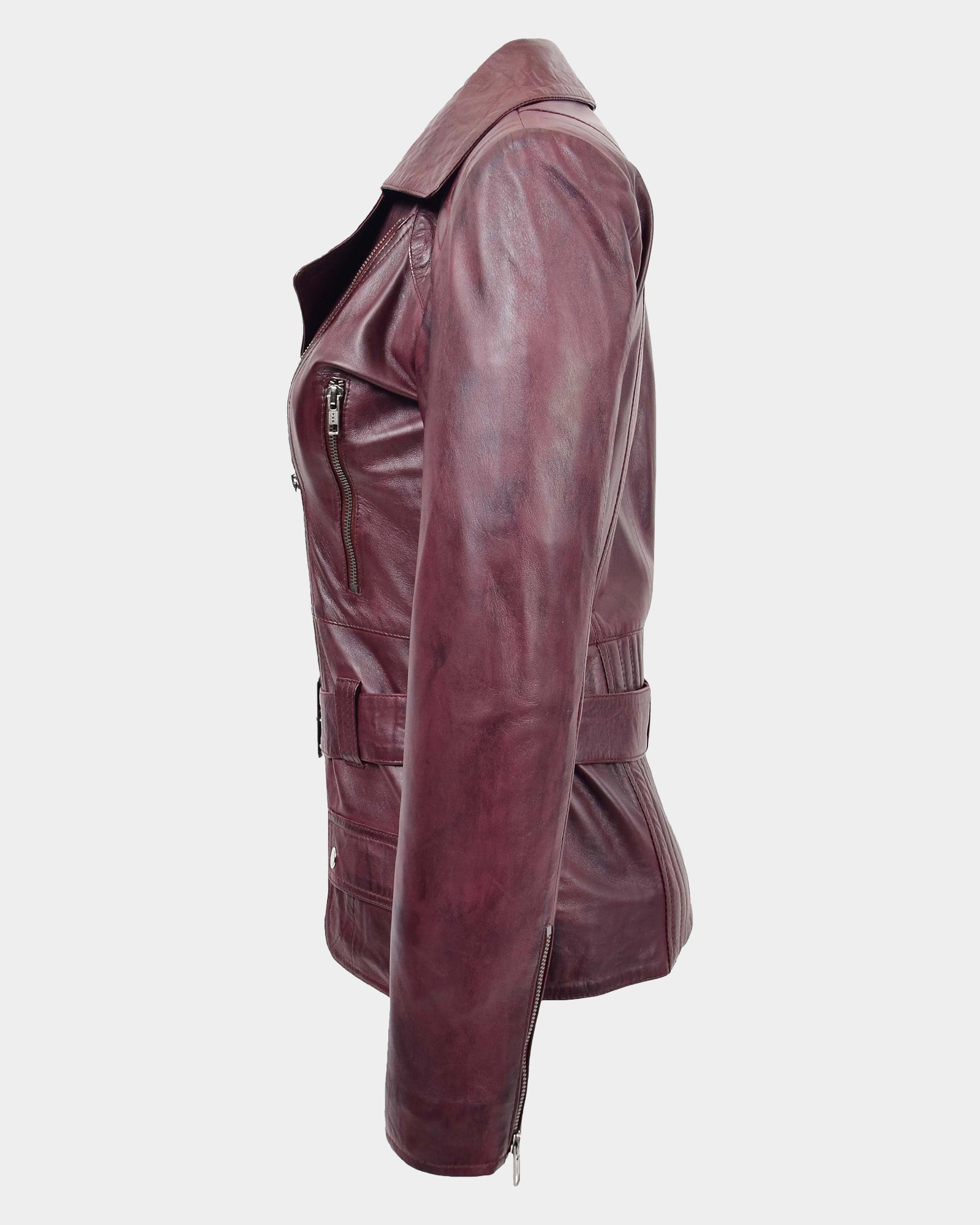 Womens Leather Hip Length Biker Jacket Celia Infinite Burgundy