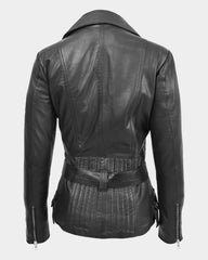 Womens Leather Hip Length Biker Jacket Celia Nova Black