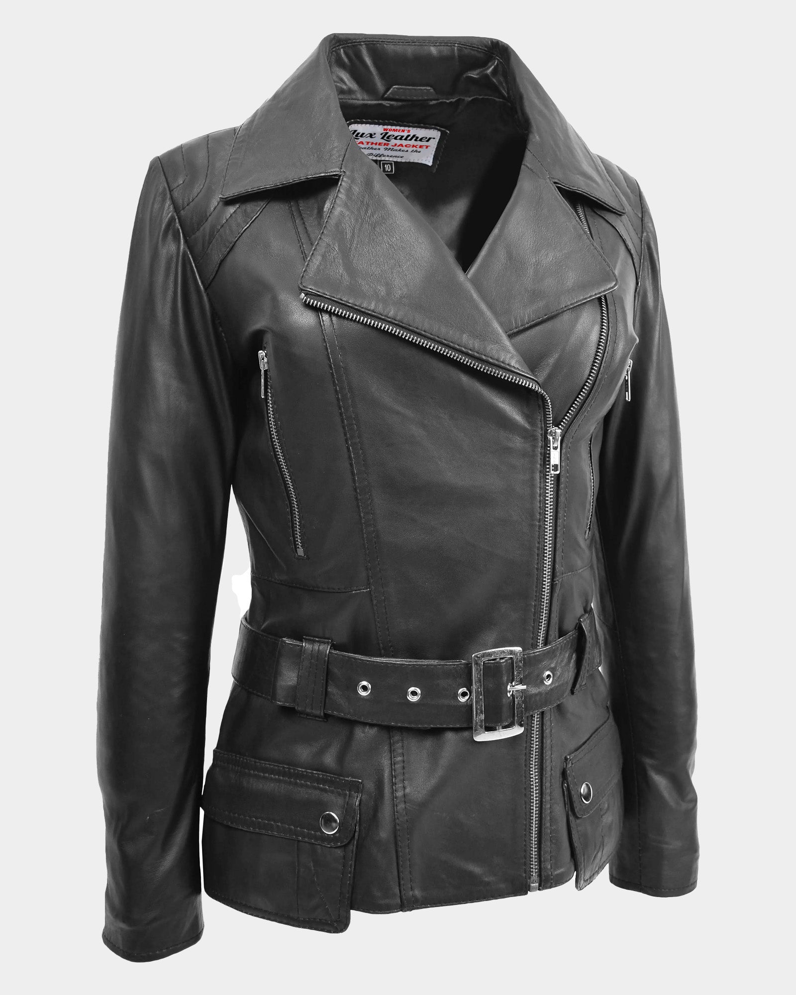 Womens Leather Hip Length Biker Jacket Celia Nova Black
