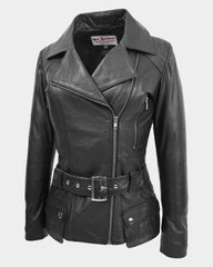 Womens Leather Hip Length Biker Jacket Celia Nova Black